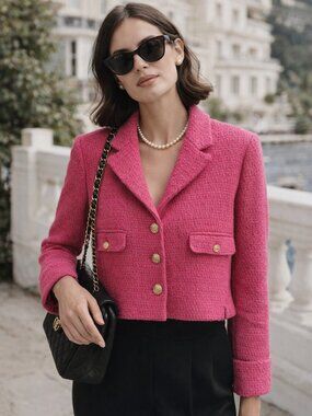 Gallery Pink Tweed Blazer Womens US8/UK12 Gold Button Jacket Chic Classic Paris